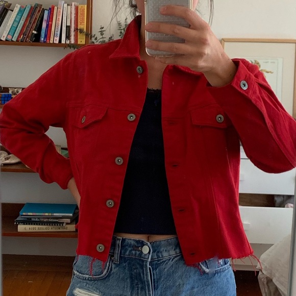 bright red denim jacket